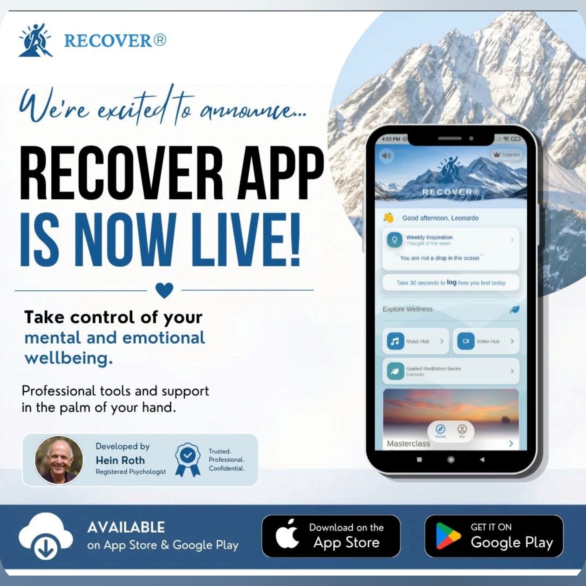 RECOVER mental wellness app launch announcement with smartphone app preview and App Store, Google Play download badges.