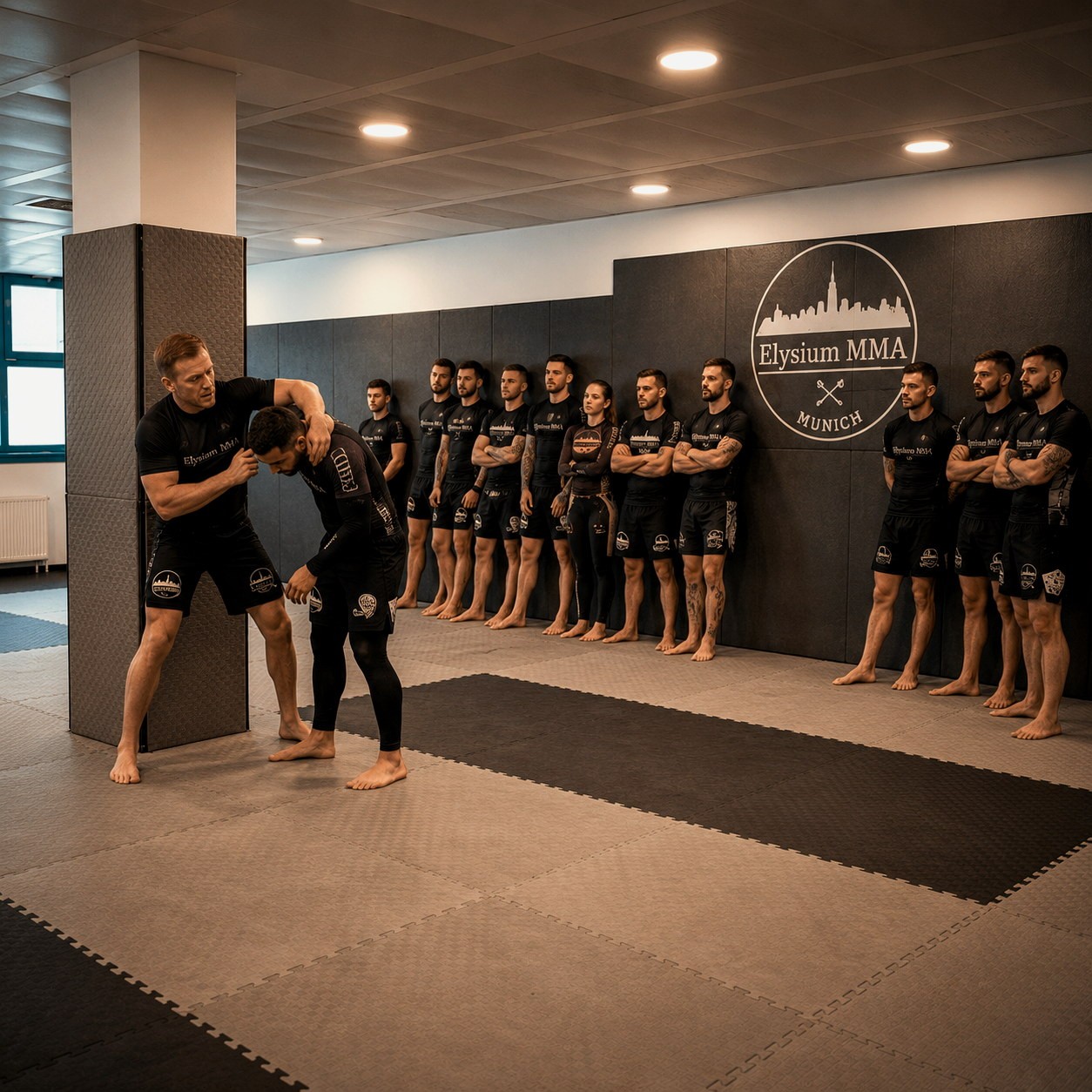 Trainer zeigt Grapplingtechnik vor Teilnehmern im Elysium MMA Gym