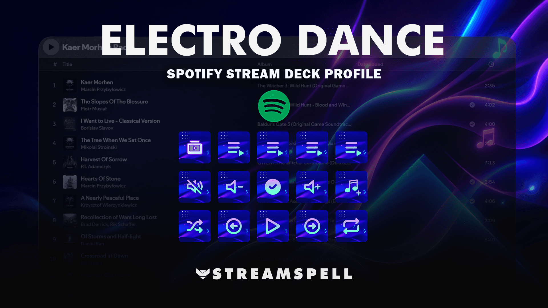 Electro Dance Spotify Stream Deck Profile cover with electric blue and purple Spotify controls