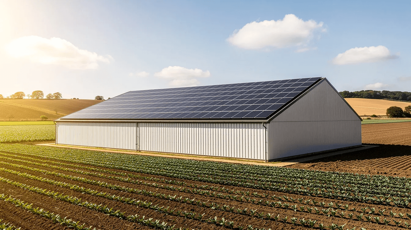 Un bâtiment agricole moderne est visible, avec des panneaux solaires installés sur sa toiture, entouré de champs cultivés sous un ciel ensoleillé. Cette installation de panneaux photovoltaïques illustre l'intégration des énergies renouvelables dans l'agriculture, favorisant ainsi la production d'électricité et le développement d'une production agricole durable.