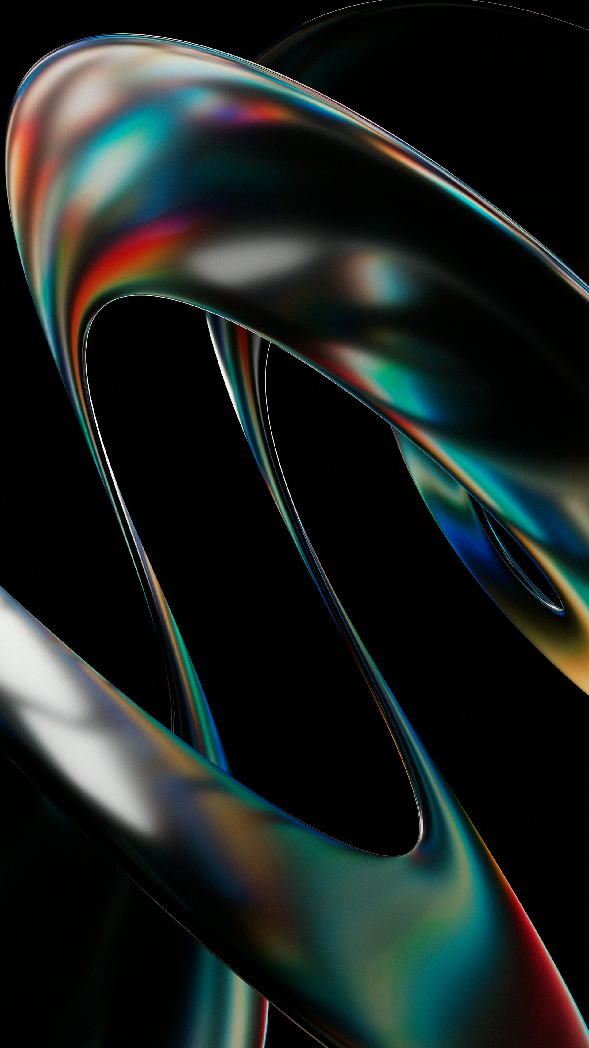 Abstract colorful light trails forming fluid curved shapes on a black background.