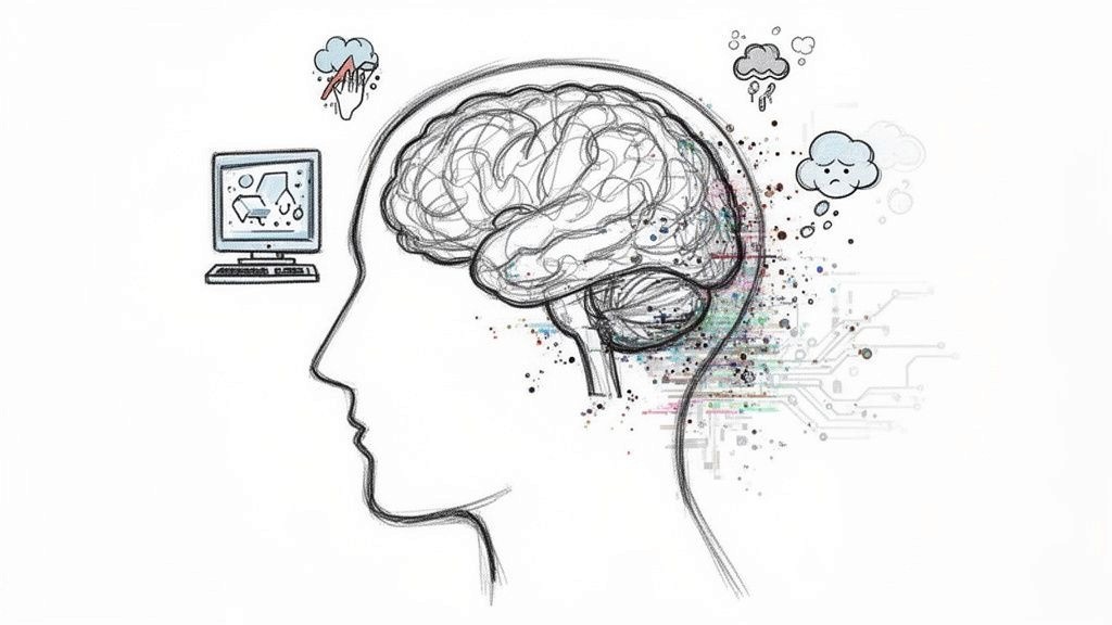 Sketch of a human head with a brain, computer, circuit board, and thought clouds.