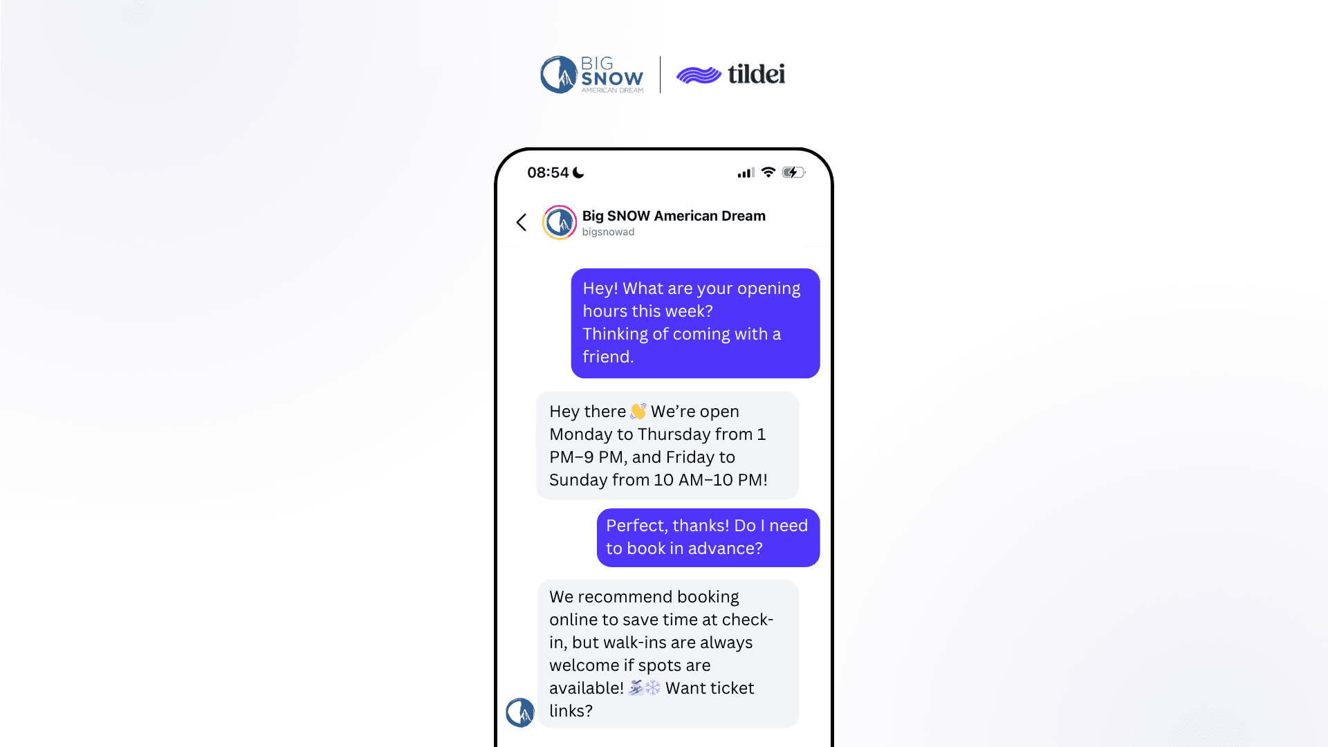 Mobile chat screenshot showing a guest asking Big SNOW American Dream about opening hours and whether advance booking is required, with an AI assistant sharing weekly hours and recommending online booking while noting walk-ins are welcome.