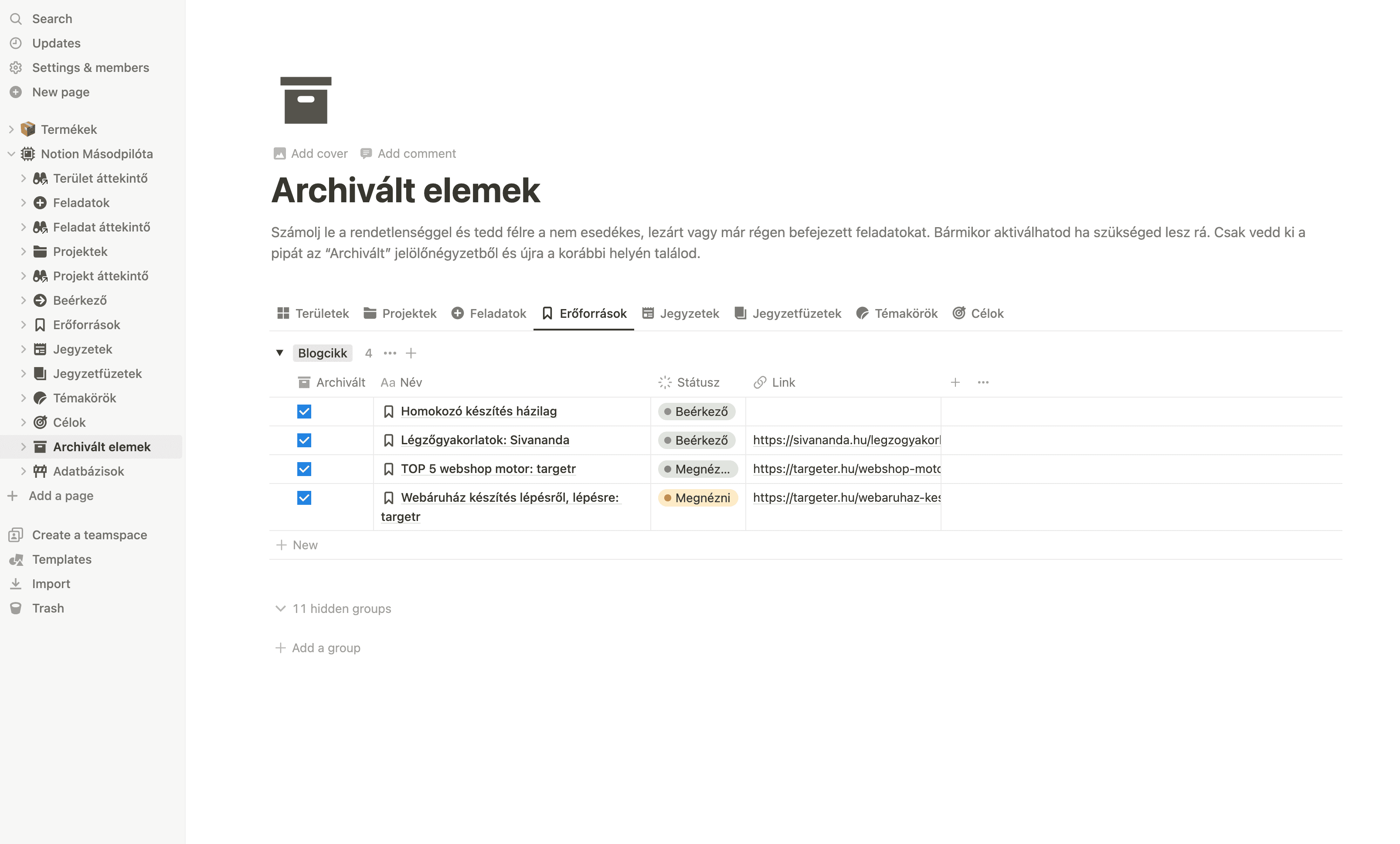 Archivált elemek a Másodpilóta, Notion sablonban.