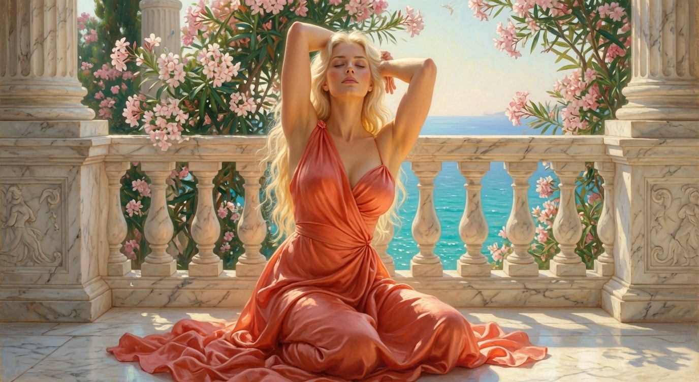 coral silk on the sea terrace