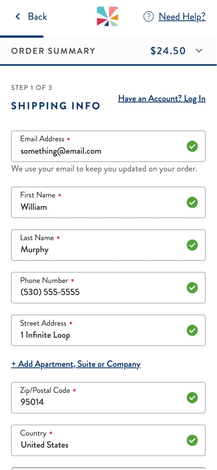 Image of new single page, single column checkout experience on mobile featuring the Shipping Info Step. All fields are in success state. 