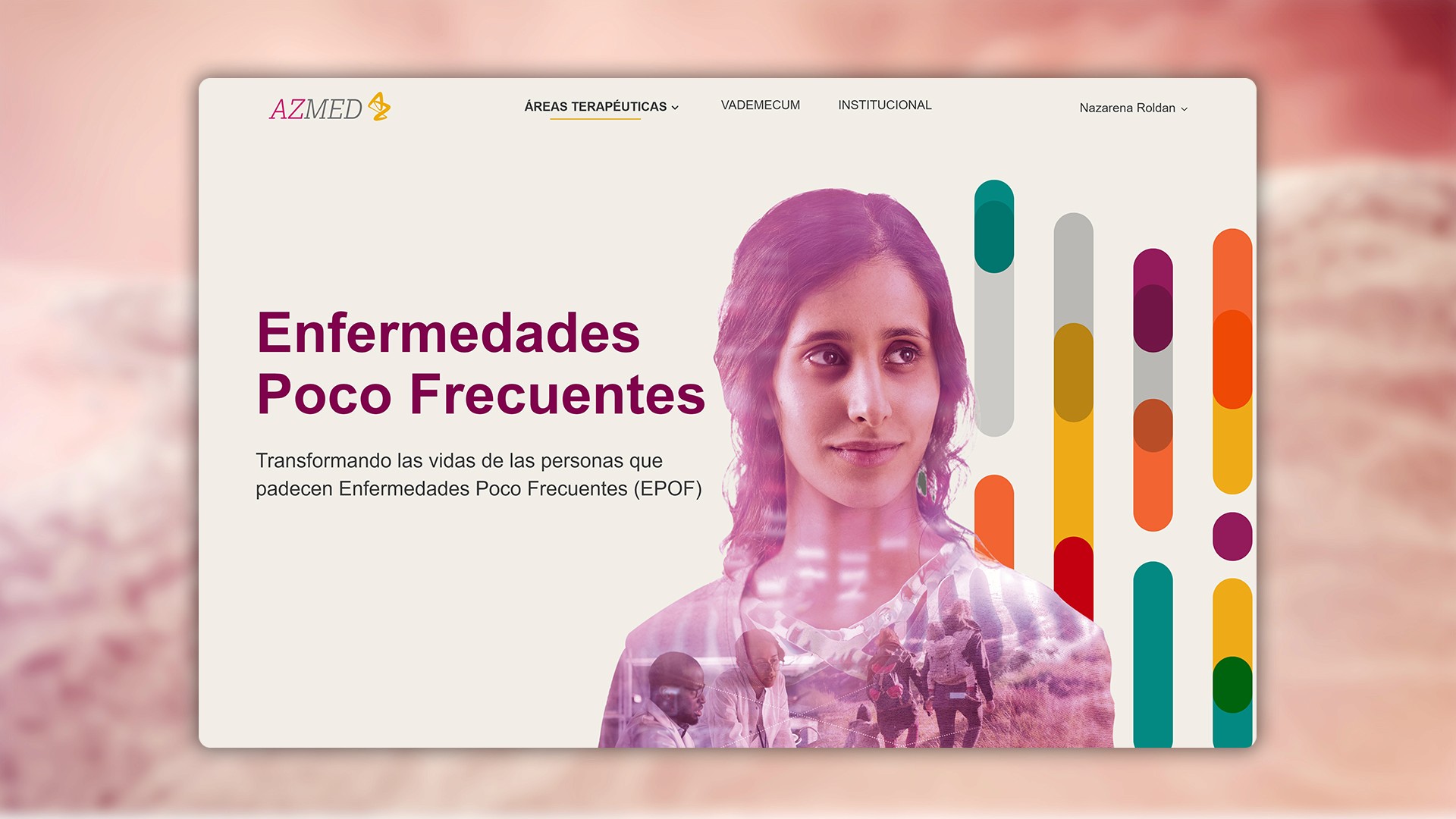 Encabezado web de Azmed sobre Enfermedades Poco Frecuentes, con un retrato y superposiciones gráficas dinámicas.