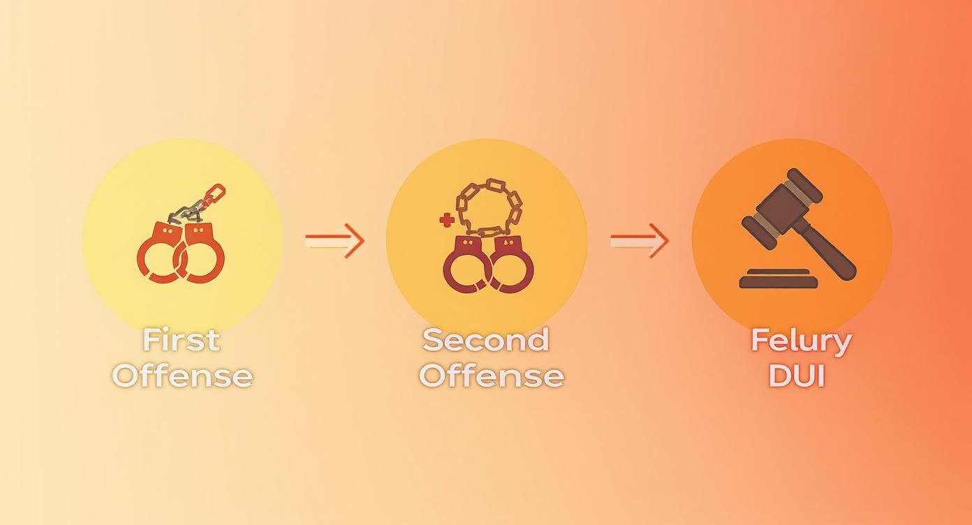 Infographic showing the escalating process flow of DUI penalties from a first offense to a felony DUI.