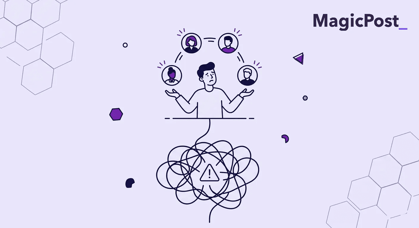 An illustration showing a LinkedIn ghostwriter juggling multiple clients and getting his thoughts tangled by their differing requirements