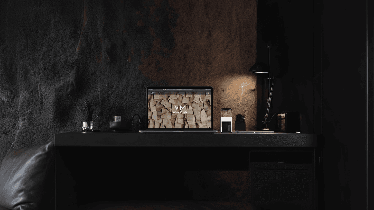 Web Design display on MacBook and iPhone  inside a modern boho office