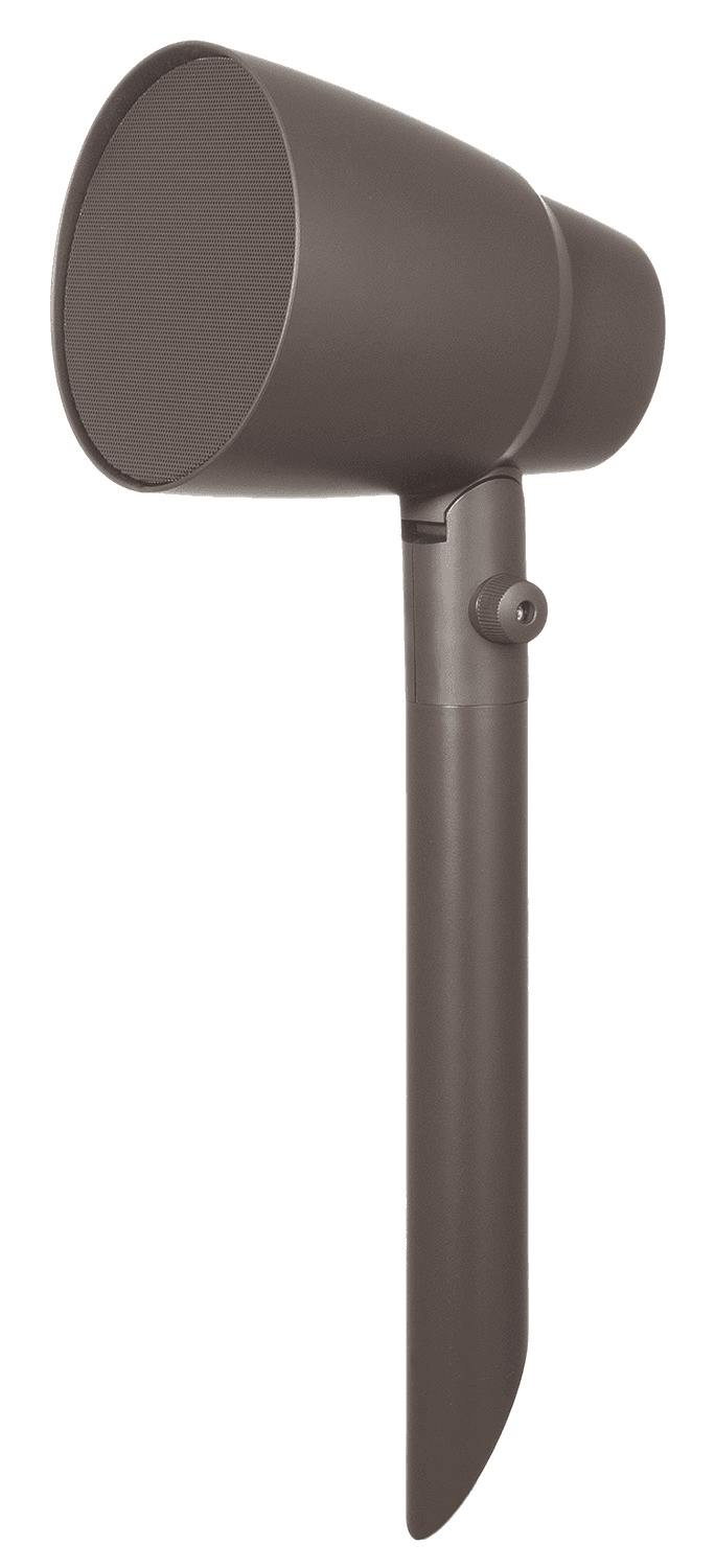 Brown outdoor speaker on a stake
