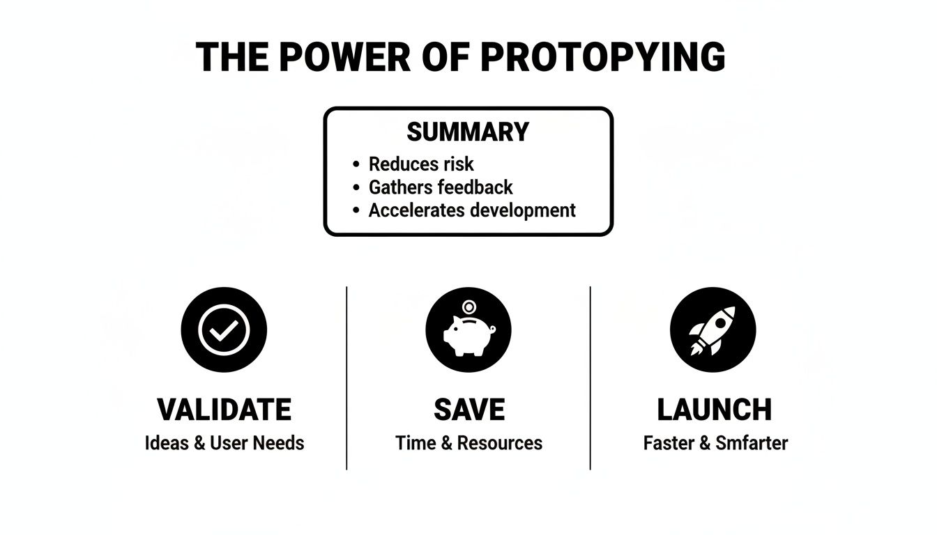 Infographic showing the power of prototyping with a summary of benefits and steps: validate, save, launch.