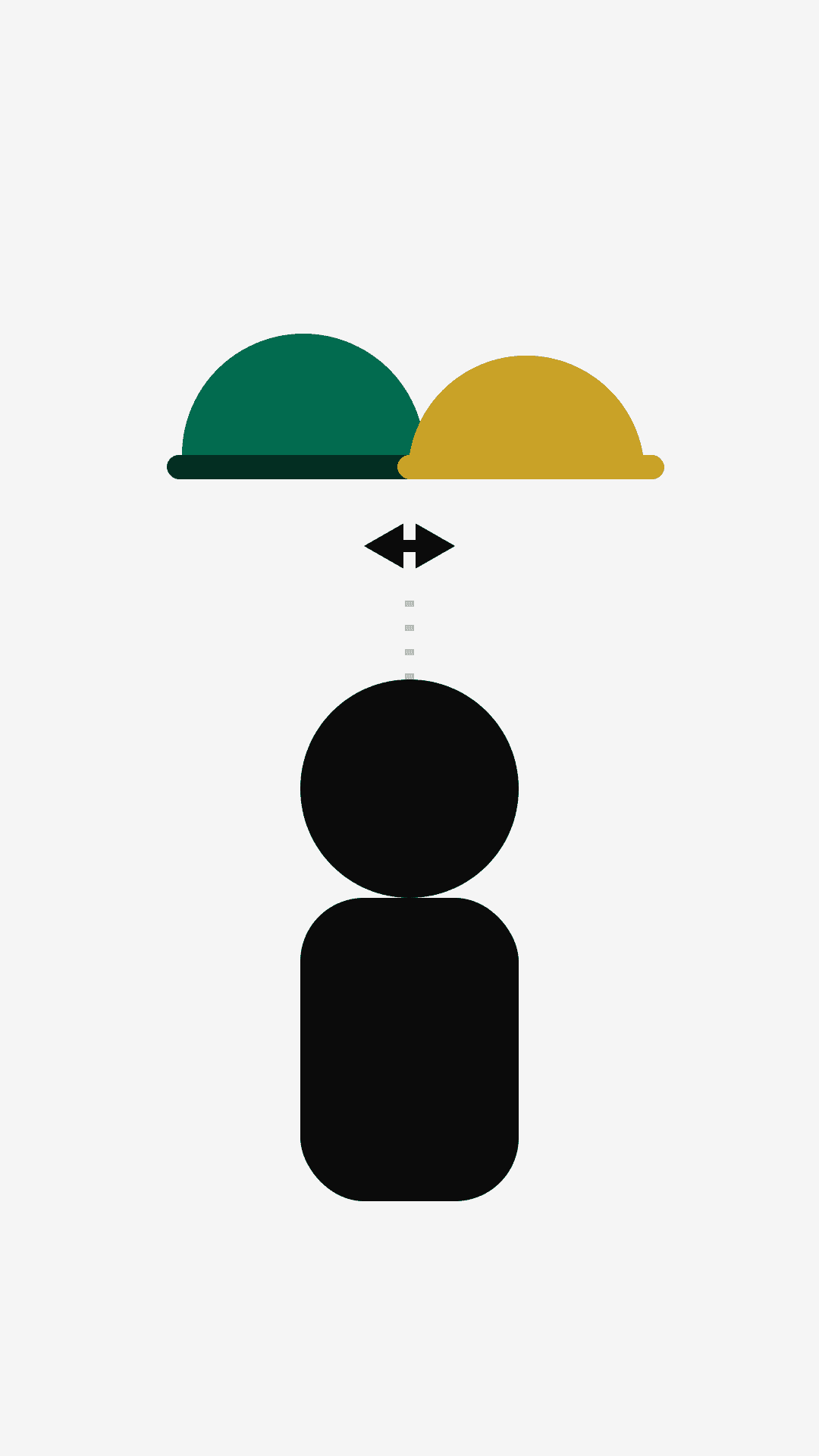 One figure below a green cap and a gold hard hat joined by a two-way arrow, a metaphor for one person holding both the Scrum Master and Project Manager roles.