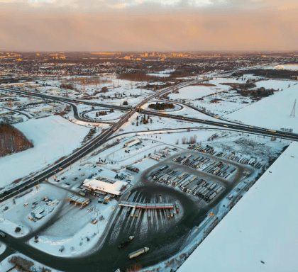 Aerial view at the logistics center in winter.