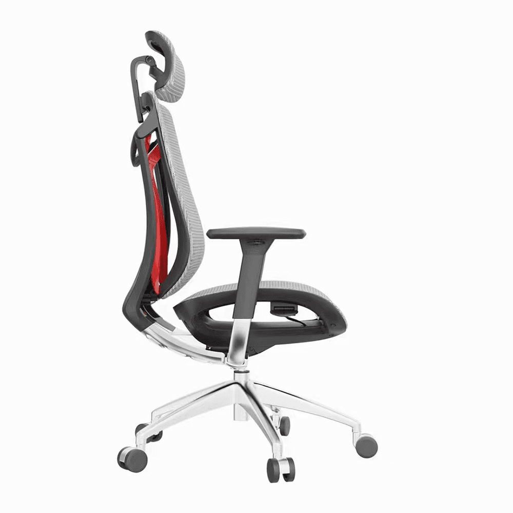 Side profile view of a modern ergonomic office chair with a grey mesh backrest and seat, illustrating the curved back structure and prominent red internal spine support, complete with an adjustable headrest and polished aluminum 5-star rolling base