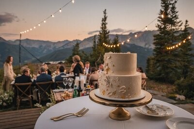 A two-tier floral wedding cake sits on a gold stand with the outdoor reception behind it.