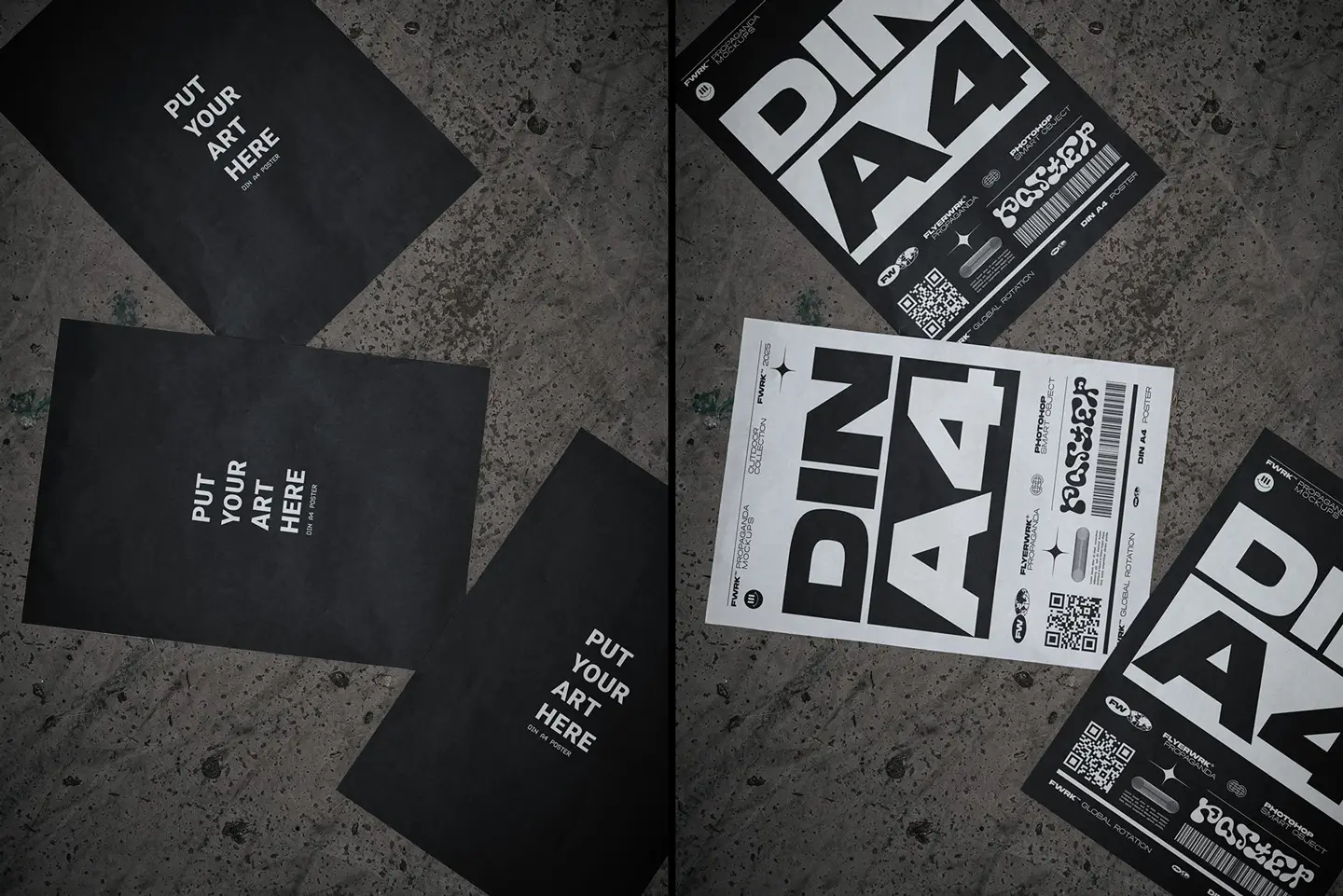 Outdoor A4 Poster Mockup featuring three blank papers lying loosely on dark, gritty concrete