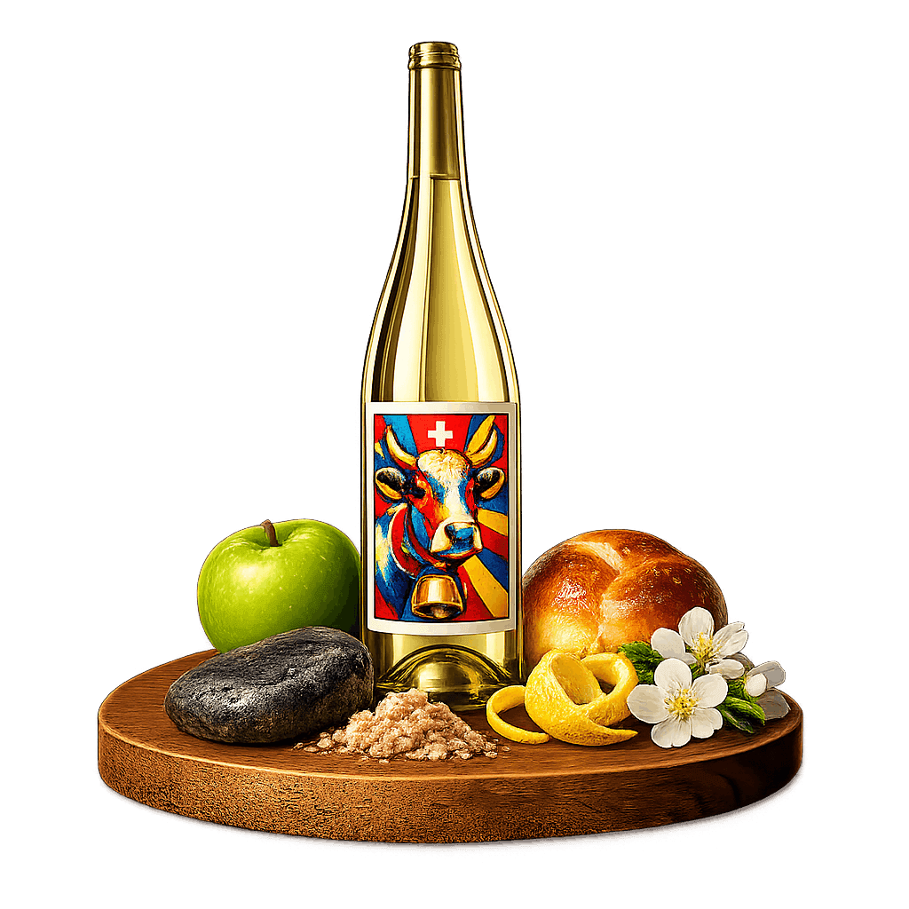 Artistic label and flavor profile for Swiss Sparkling Wine on a rustic wooden table.