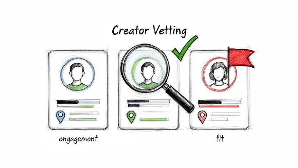 Illustration showing influencer vetting process with profiles, engagement metrics, a magnifying glass, and selection decision.