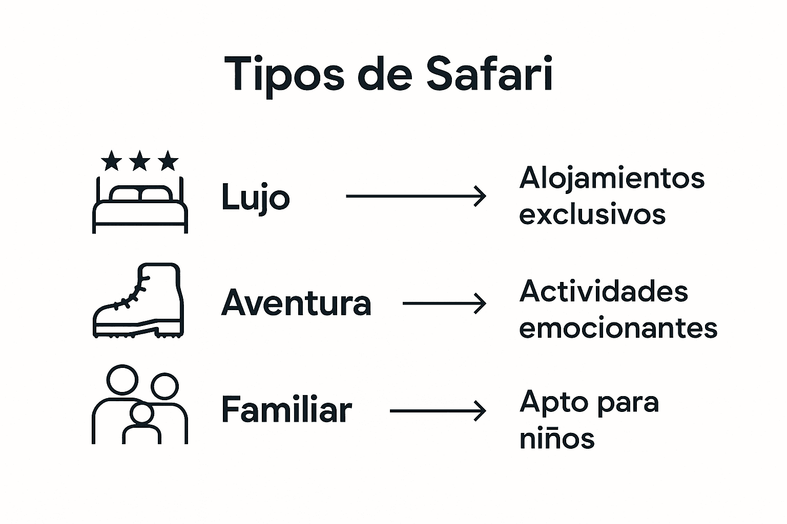 Infografía comparativa de los diferentes tipos de safari para 2025