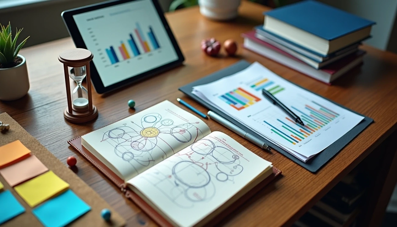 Workspace with charts, graphs, notebooks, and an hourglass illustrating dynamic treatment planning and analysis.
