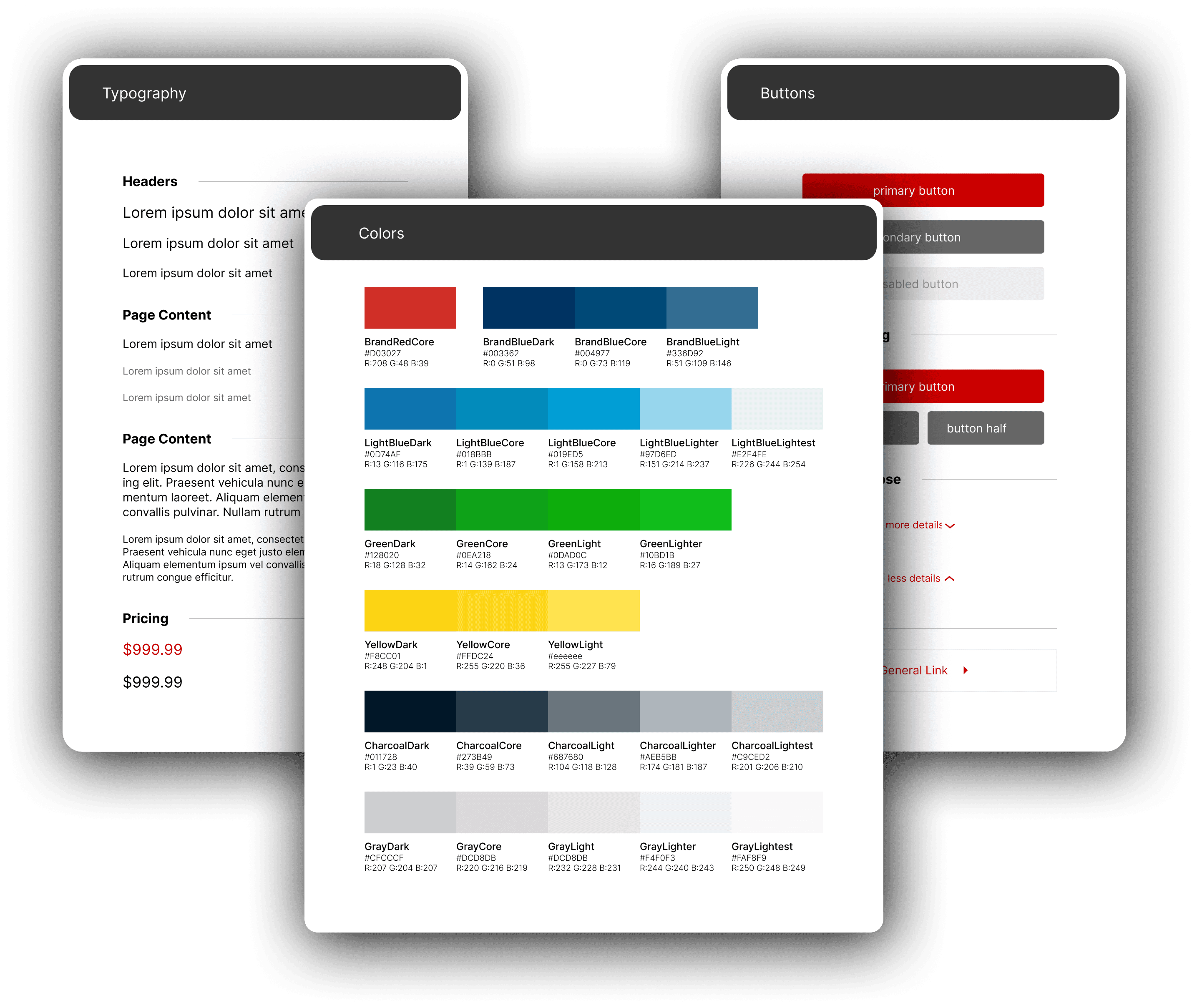 Picture of three pages of the core components that make up the Macy's Design System.