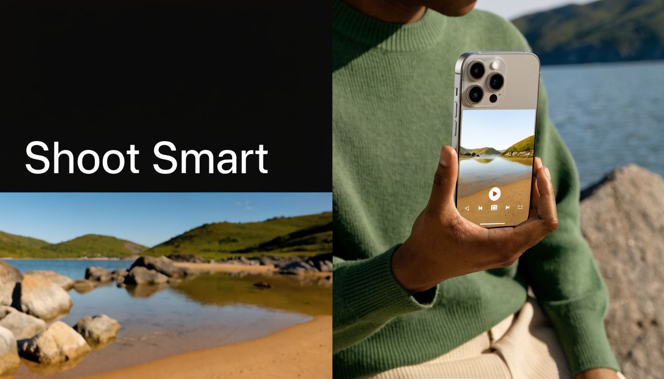 A person holding an iPhone displaying a landscape video editing interface with the text Shoot Smart nearby.