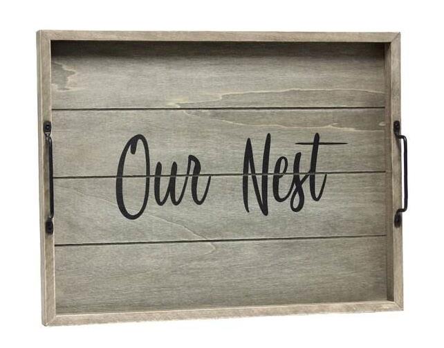 Handcrafted wooden serving tray with handles and our nest quote