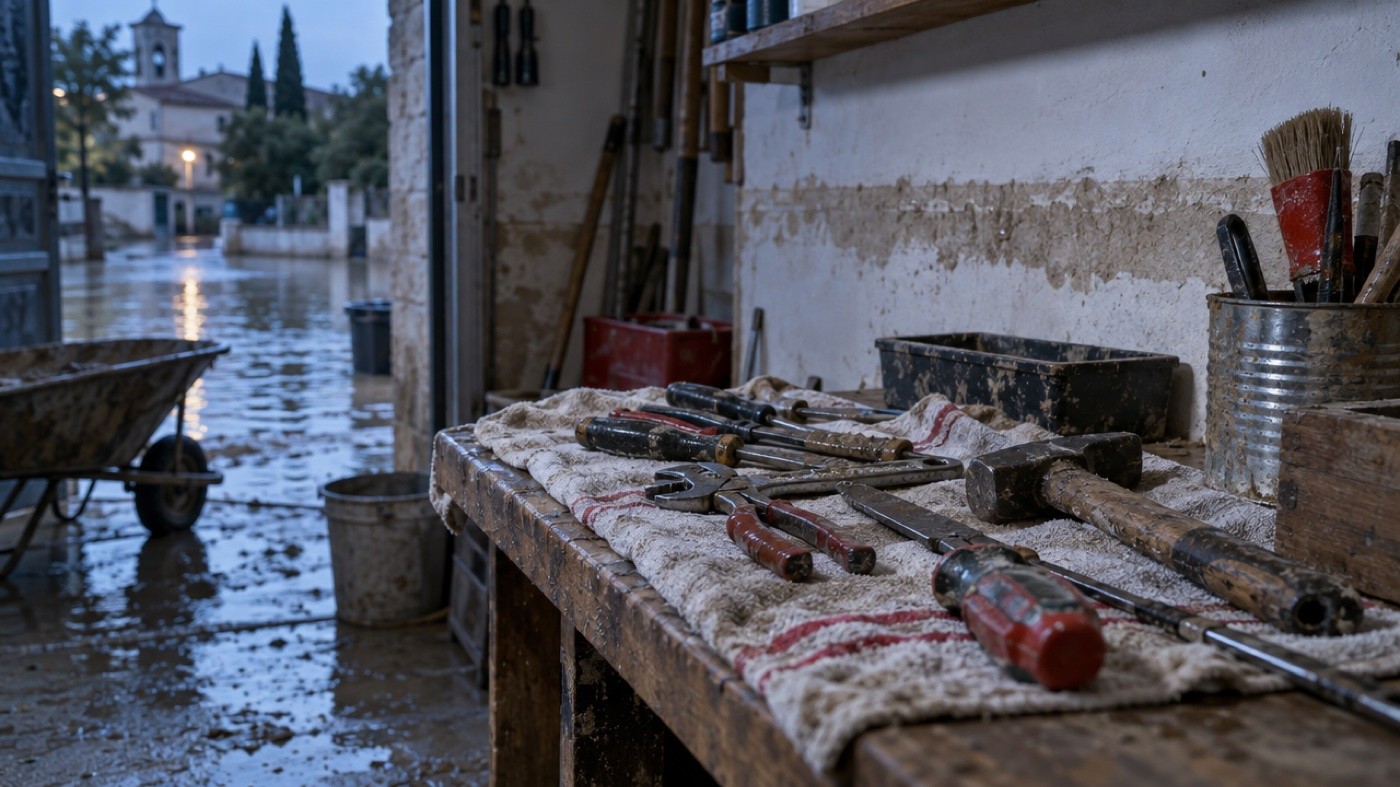 Outils sauvés de l’eau qui sèchent sur un torchon, sur l’établi d’un atelier dont le mur garde une ligne de boue, la rue encore inondée à la tombée du jour