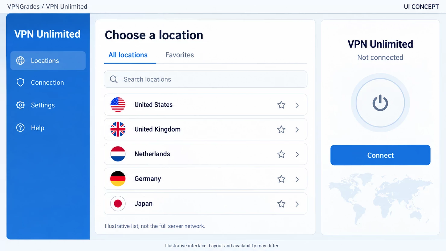VPN Unlimited: a location picker concept (illustration).