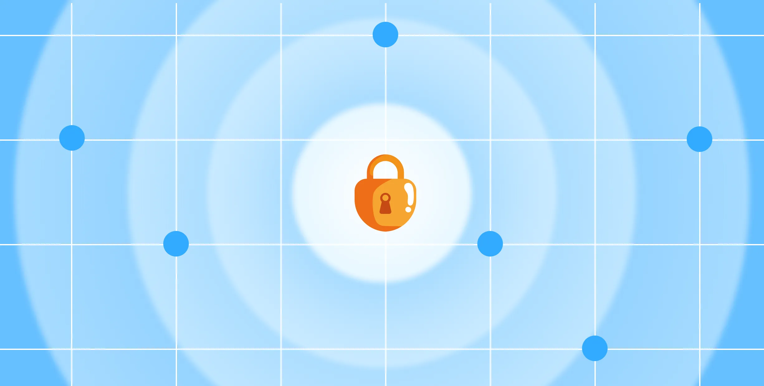 An image of a yellow-orange locked padlock is in the center, surrounded by concentric light blue circles. The background is white gridlines with some blue circles.