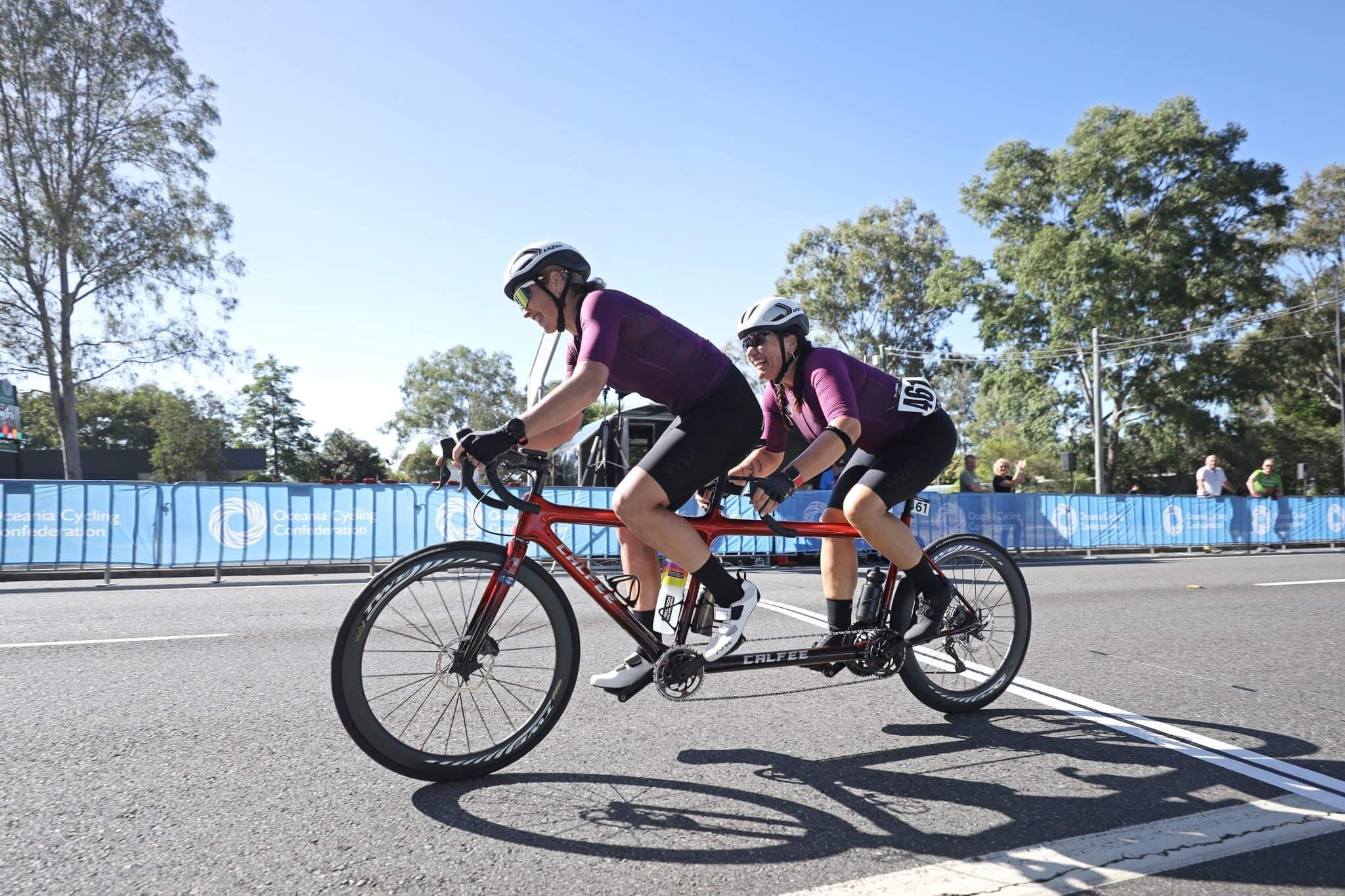 Lily and Kelly pictured racing on her tandem at Oceania championships road race