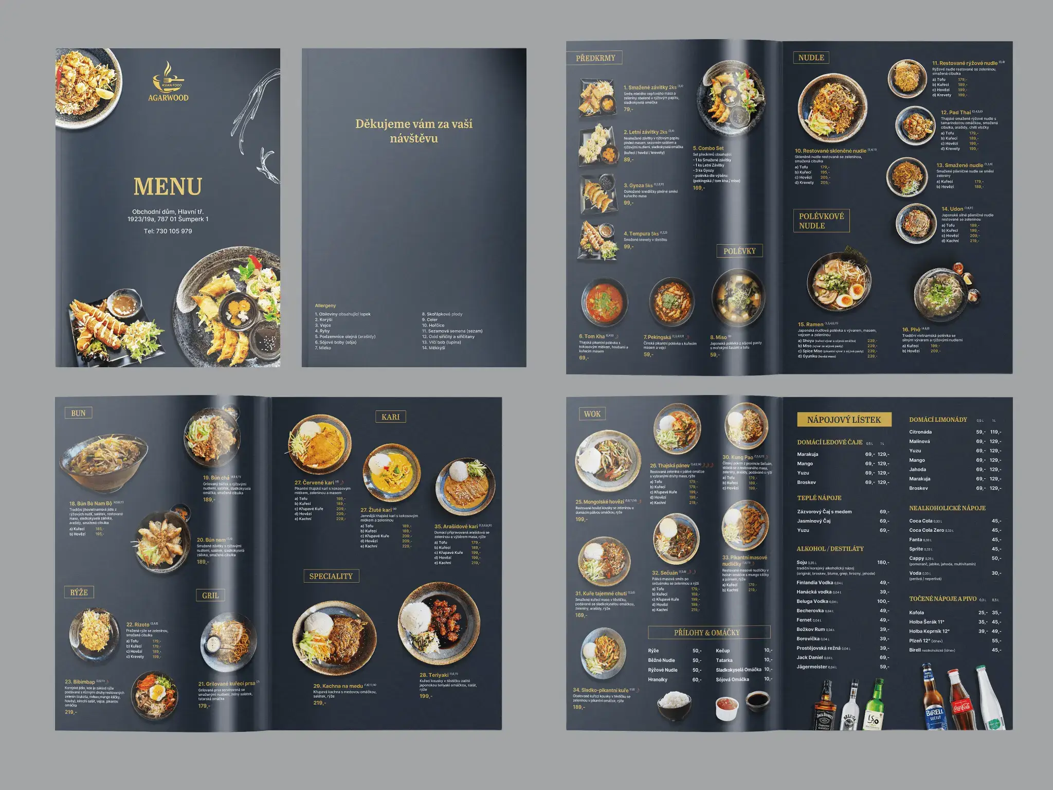 Brožura menu restaurace Agarwood s fotkami jídel na tmavých stranách
