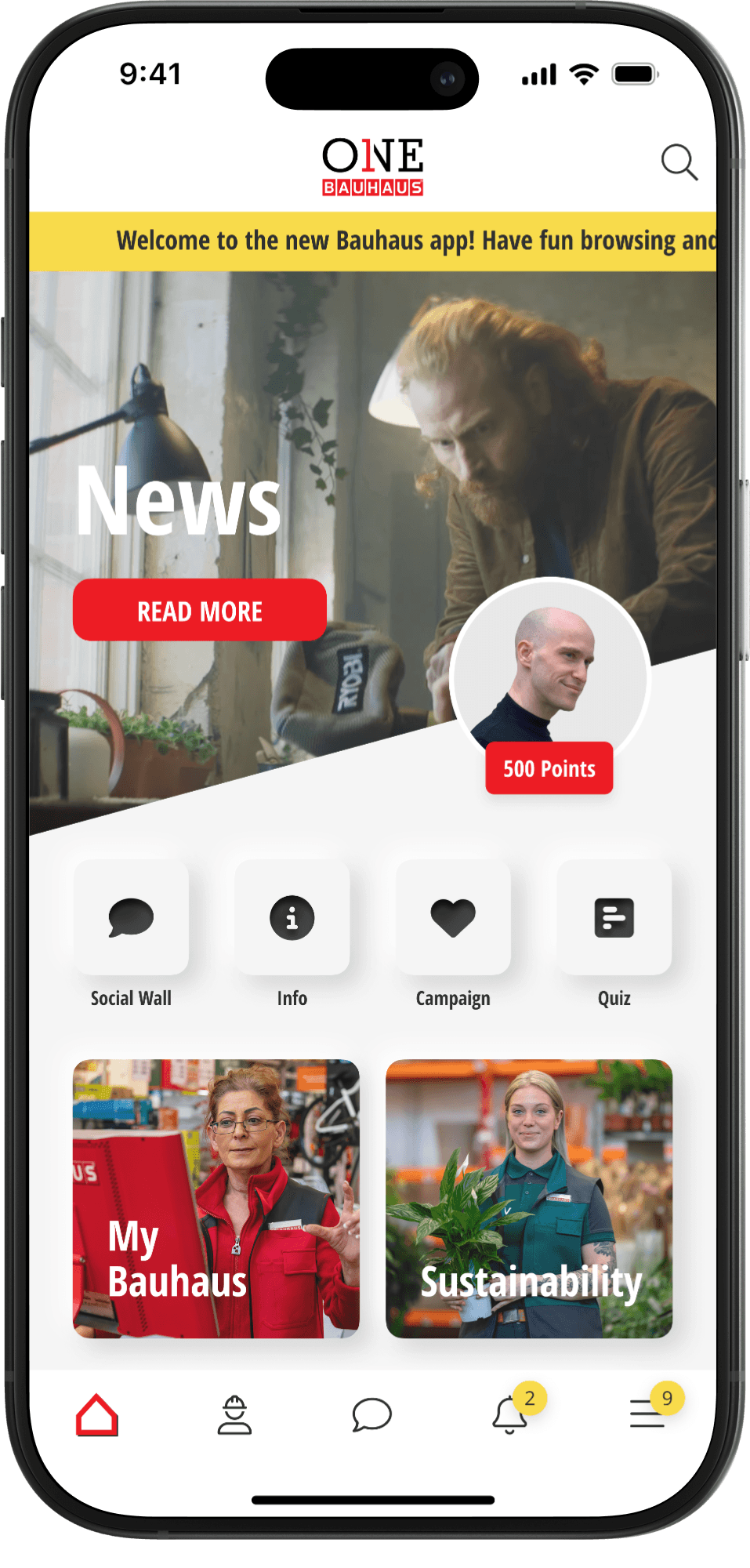 Mobile app interface showing the Bauhaus internal app home screen with navigation, news content, and user profile.