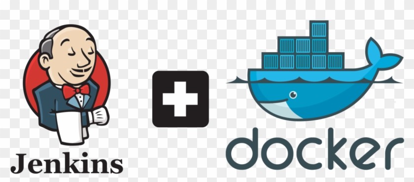 Jenkins and Docker logos connected by a plus symbol, showing integration between Jenkins automation server and Docker containerization.