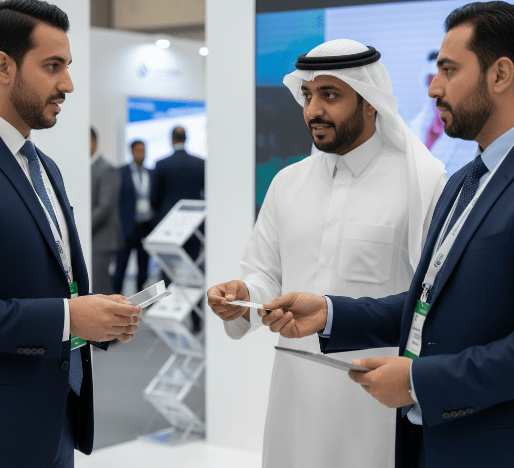 Environmental sector professionals exchanging business cards and trade show badges at IFAT Saudi Arabia 2026 in Riyadh, networking with regulators and solution providers.