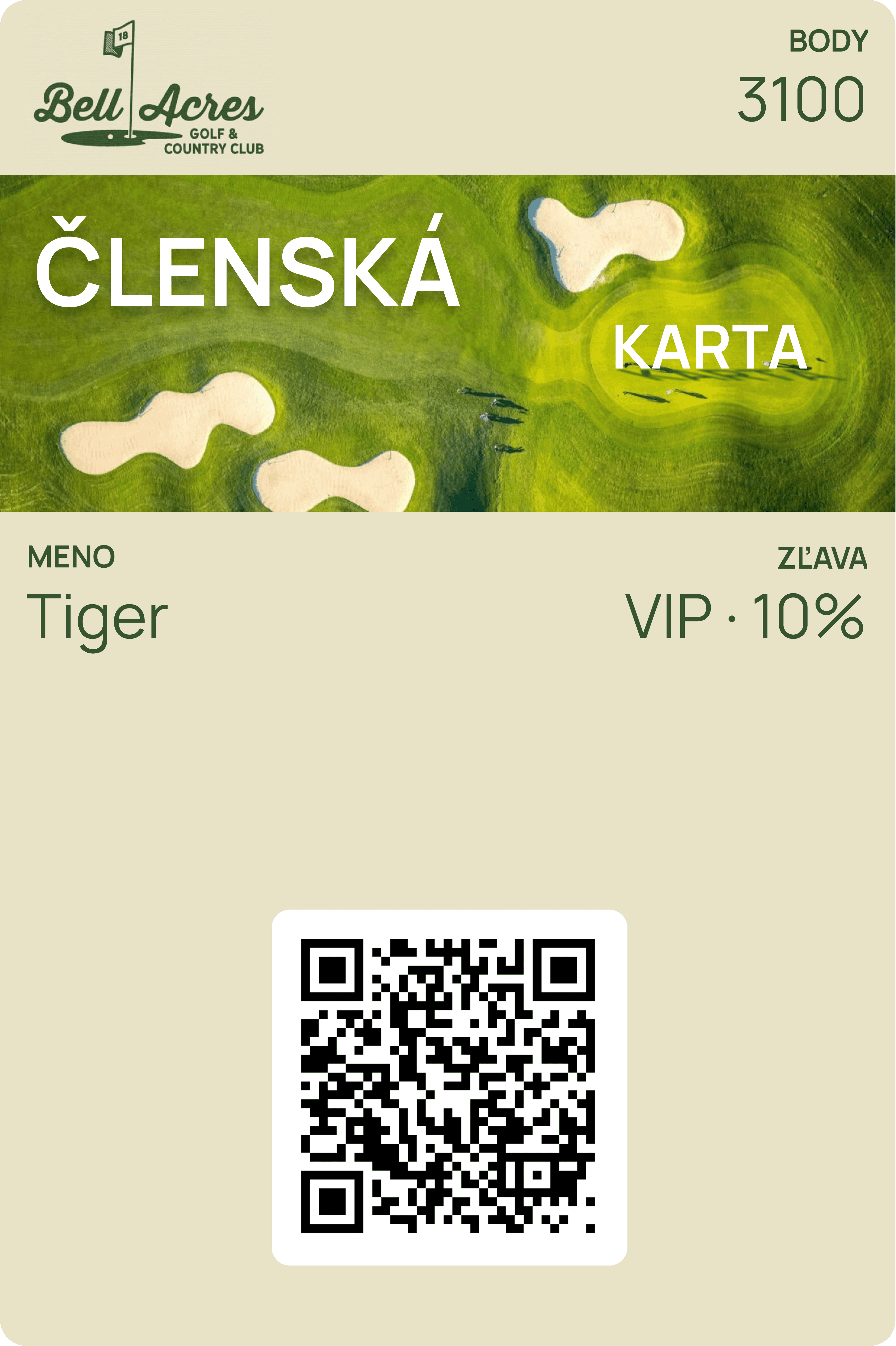 Členská karta golfového klubu Bell Acres Golf & Country Club. Elegantný zeleno-béžový dizajn s leteckým pohľadom na golfové ihrisko s pieskovými bunkermi. Meno Tiger, 3100 bodov, VIP úroveň s 10% zľavou, QR kód.
