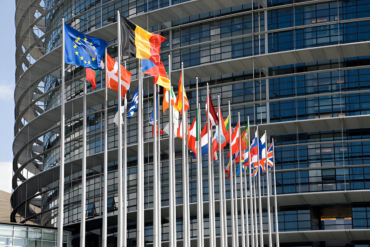 European flags outside of the European parliament