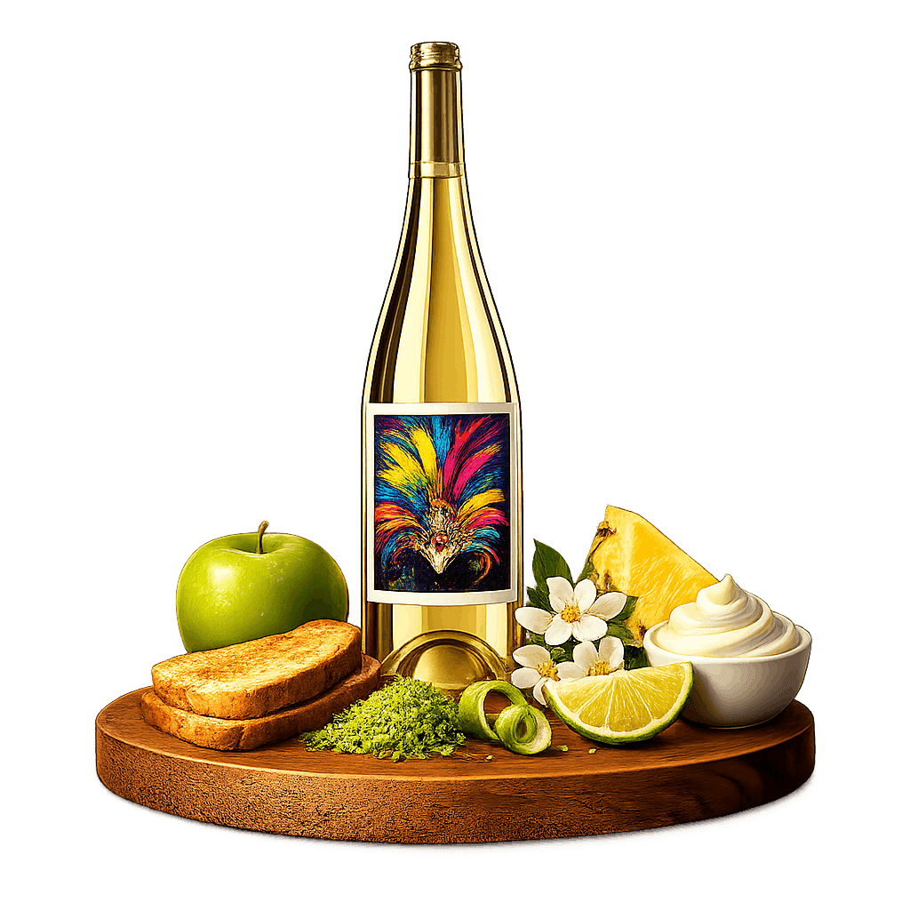 Artistic label and flavor profile for Brazilian Sparkling Wine on a rustic wooden table.