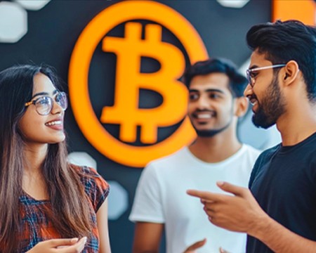 Group of young people engaging in a discussion at a Bitcoin community event, fostering collaboration and learning.