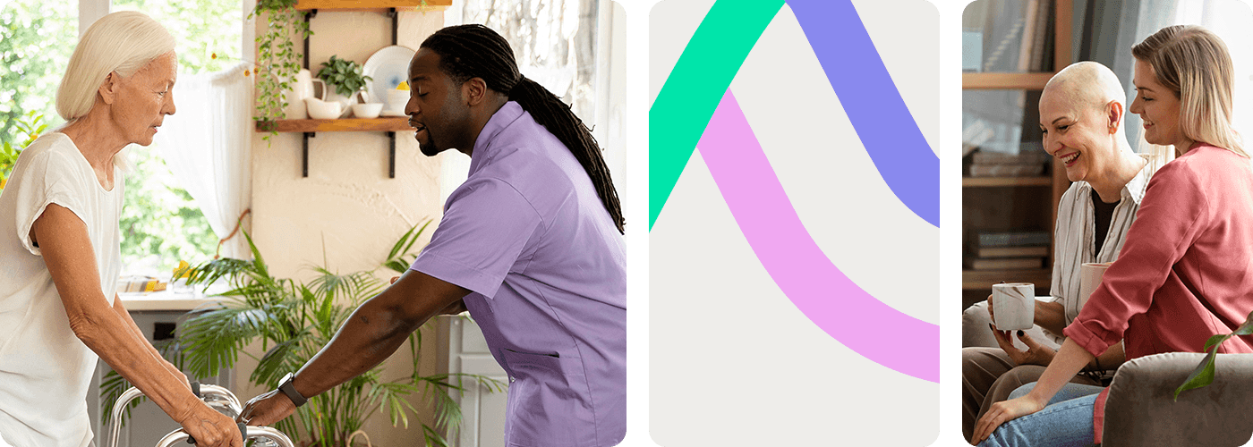 A male caregiver in a purple uniform assisting an elderly woman as she uses a walker in a bright home setting