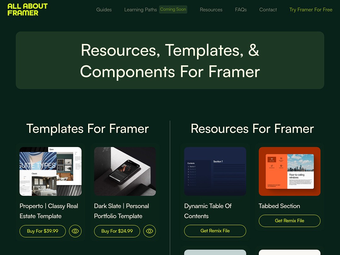 Website offering Framer templates and resources, featuring product previews.