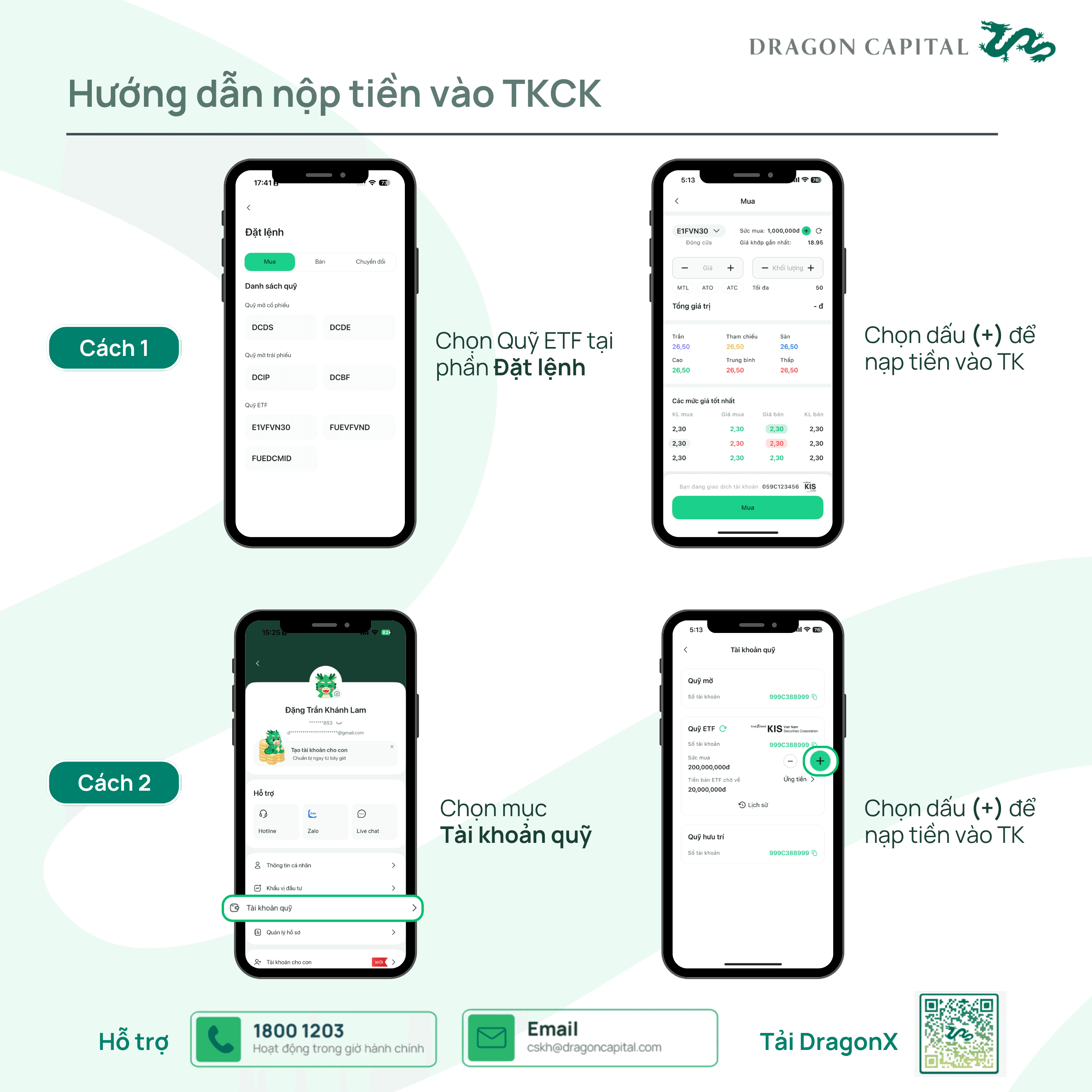 Màn hình nộp tiền vào tài khoản giao dịch ETF trên DragonX