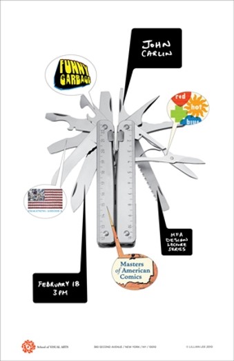 A swiss army knife that has comic book text bubble explanations around it.