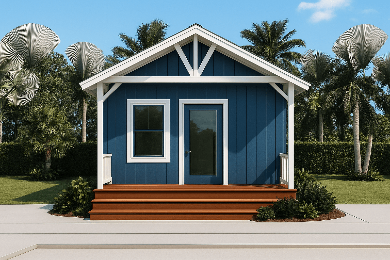 A detached guest house with a modern exterior design, large windows, and a private entrance, perfect for a home office or rental