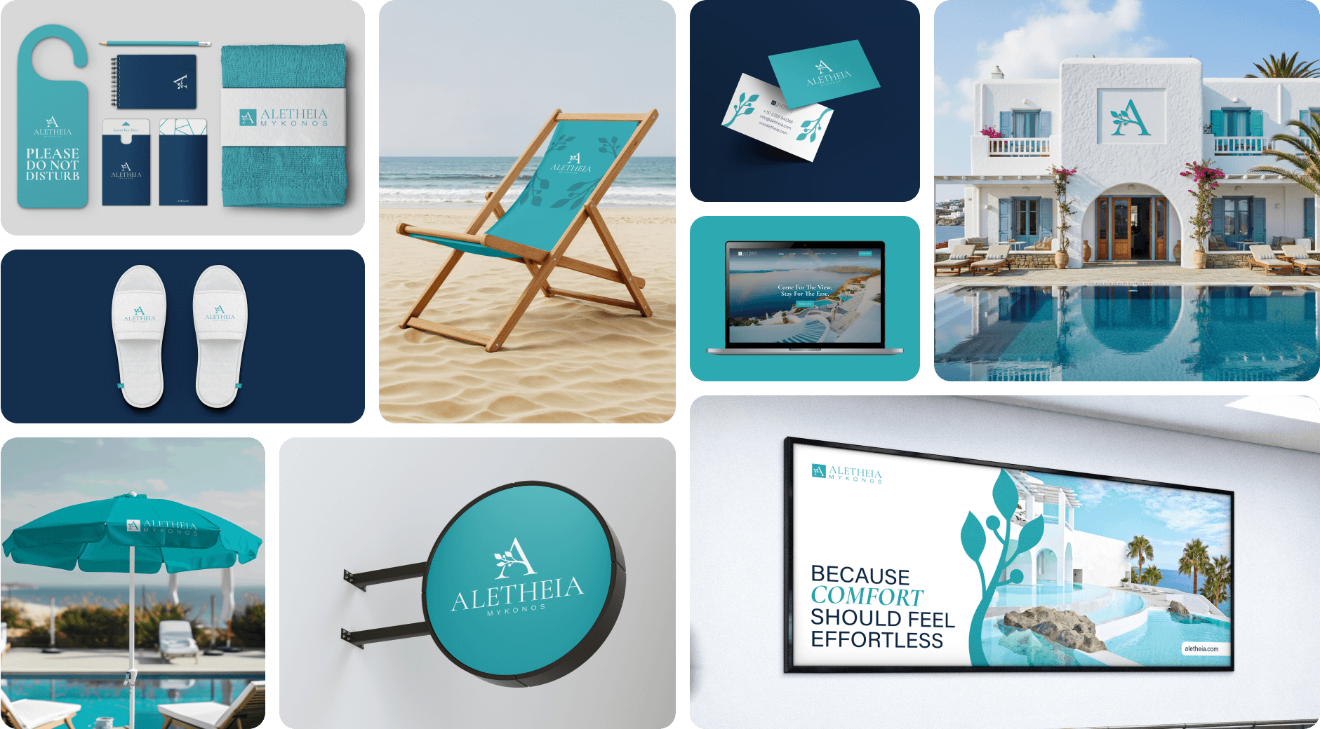 Grid of mockups featuring branding for a Greek hotel in Mykonos