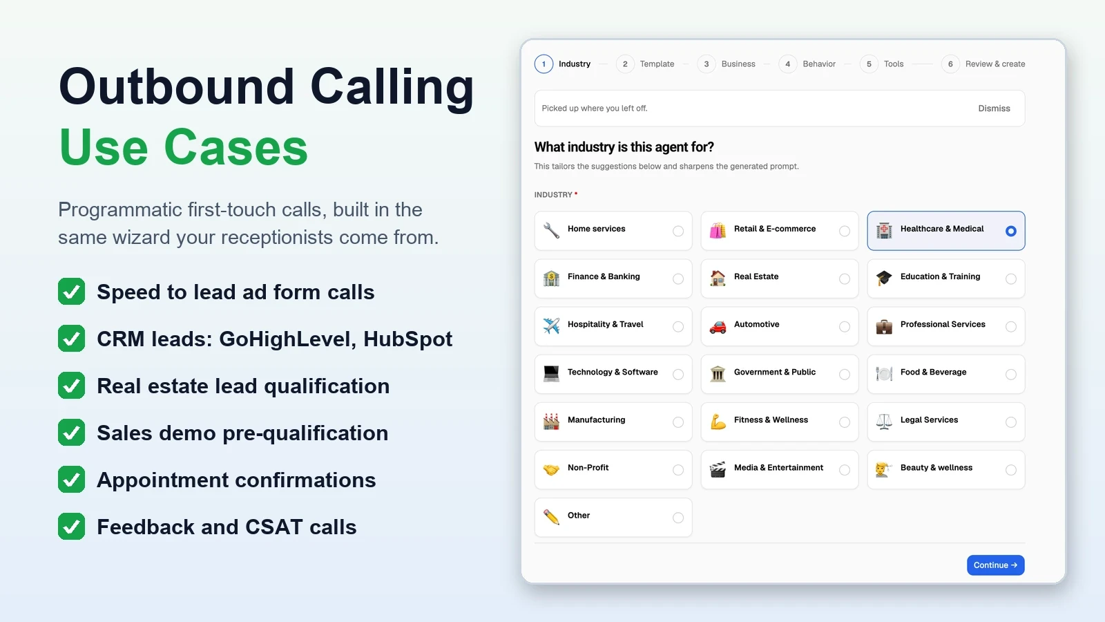 VoiceAIWrapper agent creation wizard showing the industry selection step while building an AI outbound calling agent.
