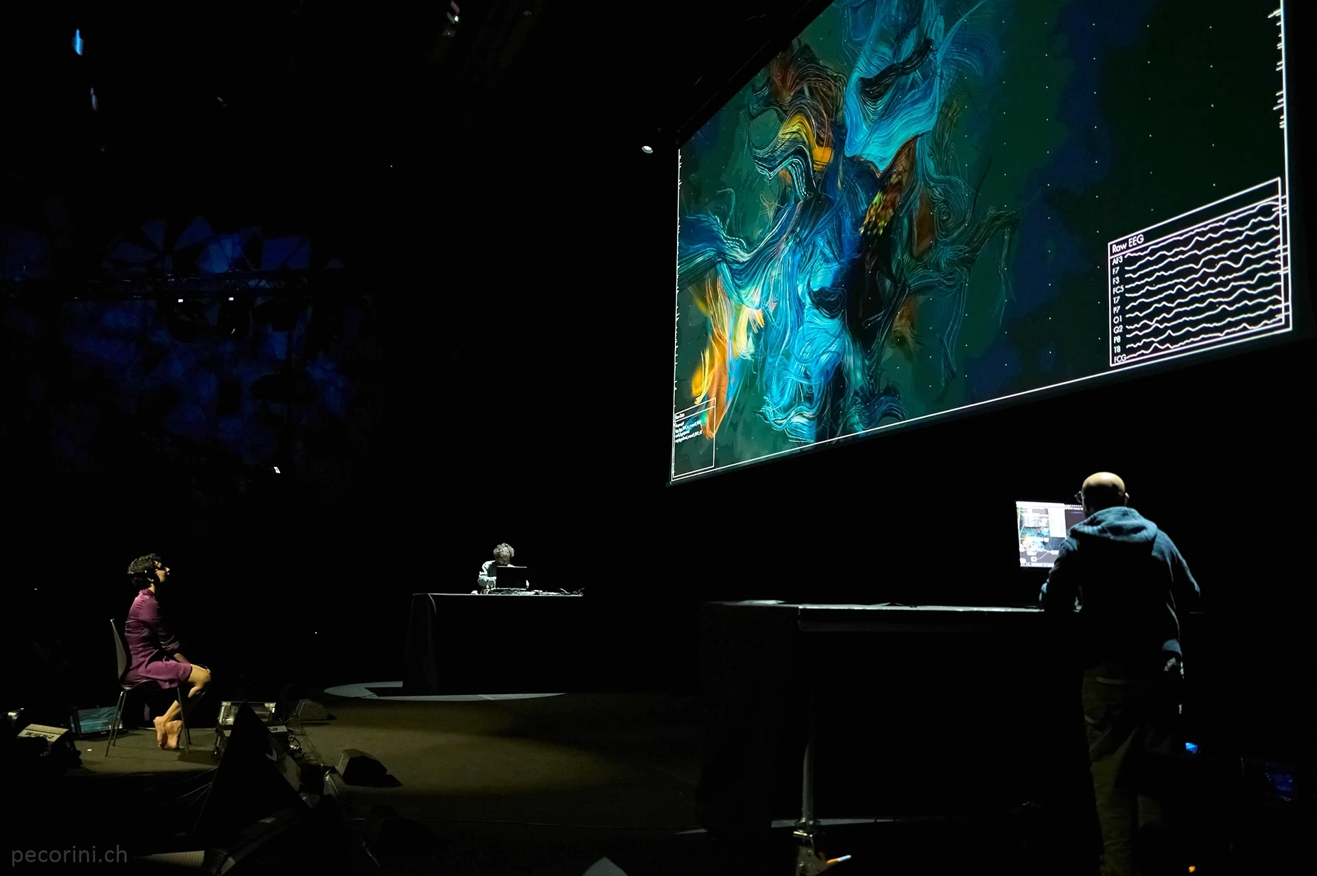 Projection art in dark room with people.