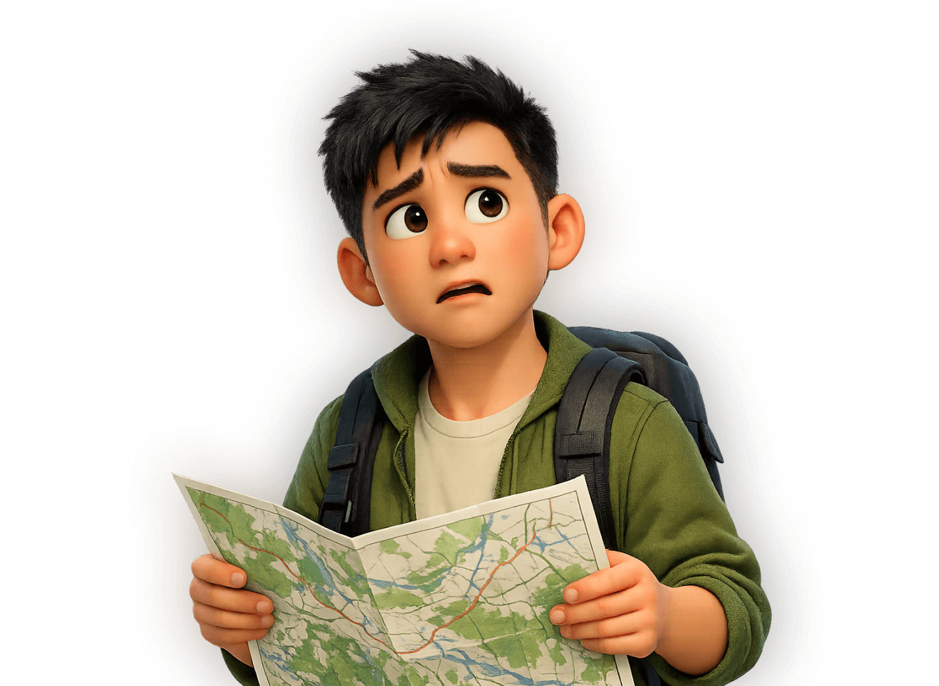 3D character holding a map and looking lost.