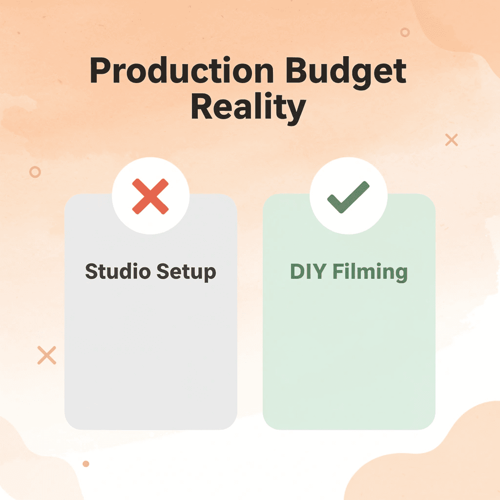 Before and after infographic comparing traditional studio setup versus DIY product video filming